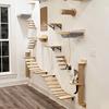 Massivholz Katzenklettergerüst Wandmontiert mit Kratzstange Wandspielzeug Nistplatz Sprungplattform und Holztreppen Regalen