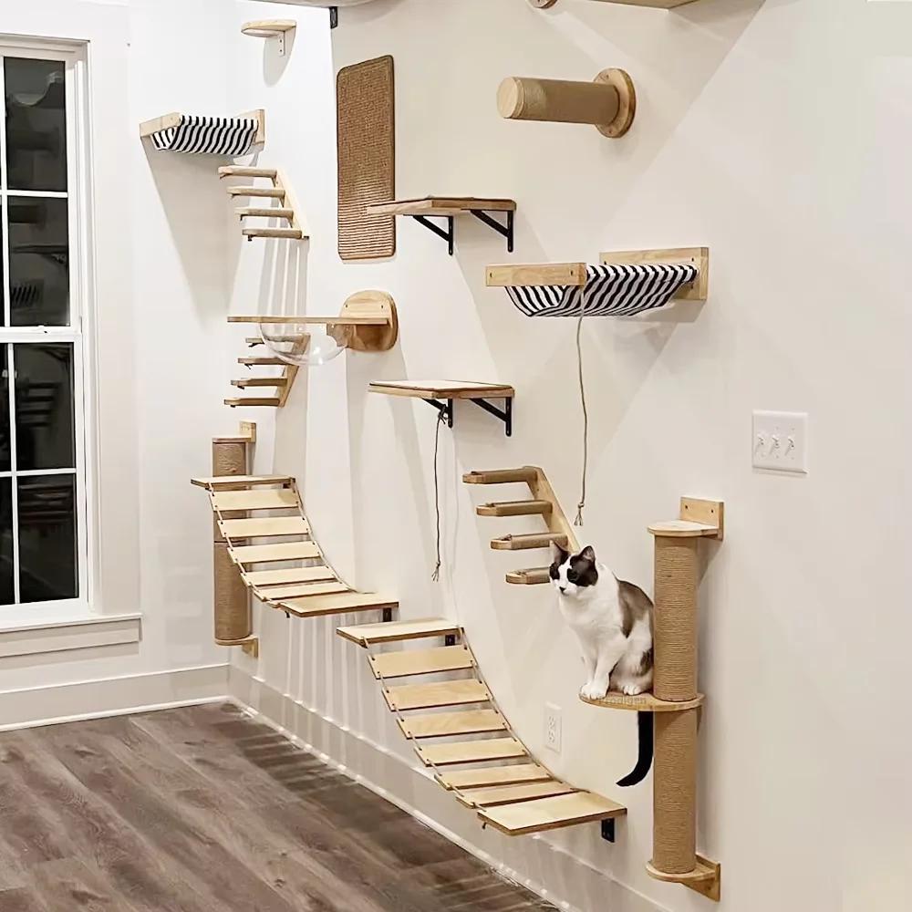 Massivholz Katzenklettergerüst Wandmontiert mit Kratzstange Wandspielzeug Nistplatz Sprungplattform und Holztreppen Regalen