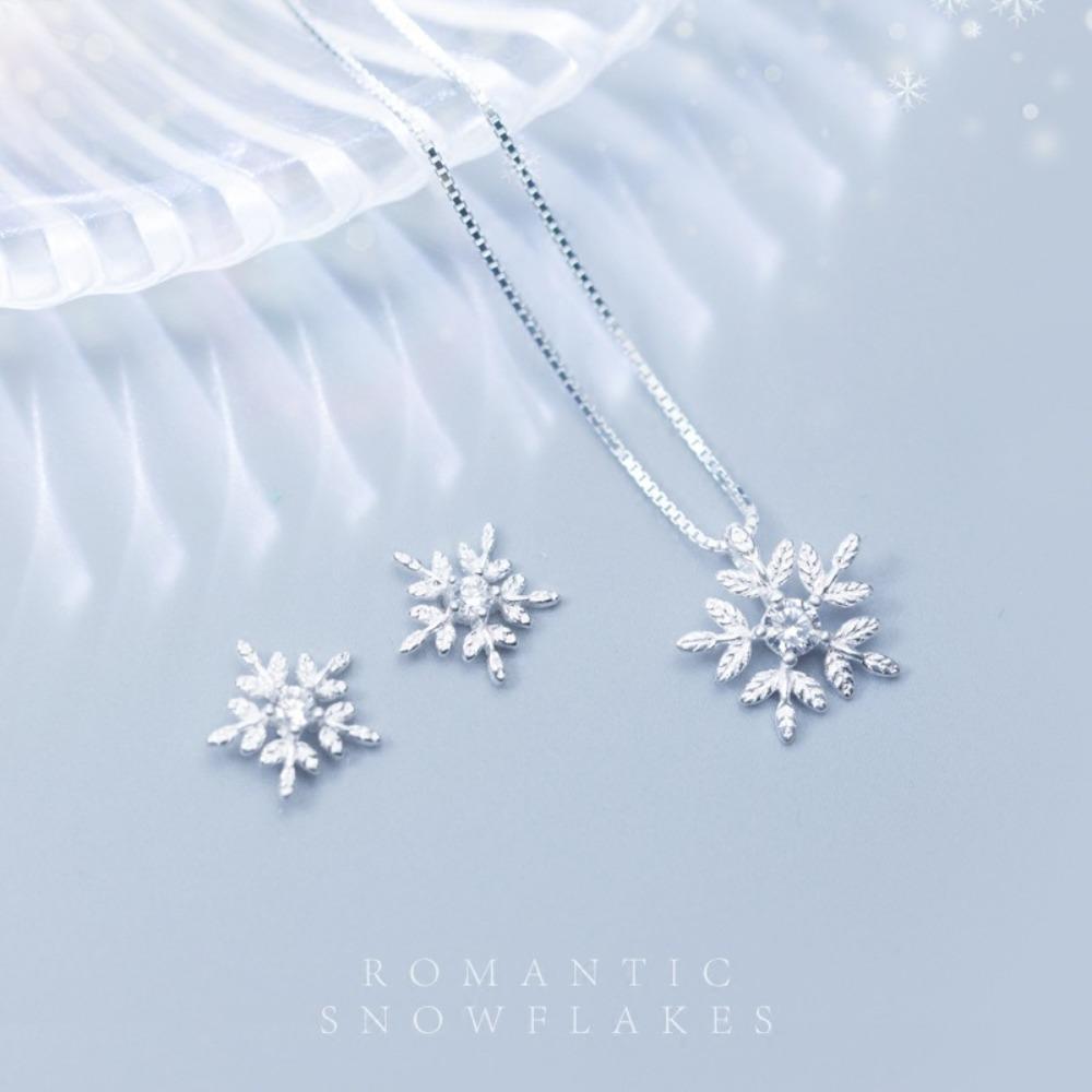 S925 Silver Plated Snowflake Earrings with Diamond Flower Necklace Women Jewelry Set Elegant Pendant