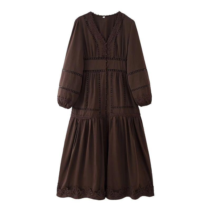 Summer New Product Women's Clothes Minimalist Style Cut Out Lace Decoration V Neck Long Sleeves Loose High Waist a Word Length Dress