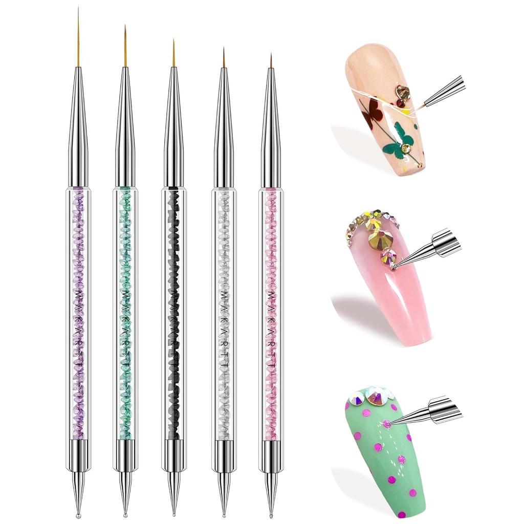 Hair Line Professional Double End Gel Nail Art Liner Brush with Fine Striping Brush and Dotting Pen Nail Polish Decorating Tools Pack of 5