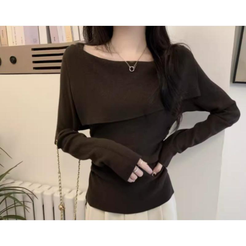 Design Sense One-word Shoulder Lapel Long-sleeved Knitted Sweater Women's Inner Slim-fitting Sweet and Spicy Bottom Sweater Outer Top