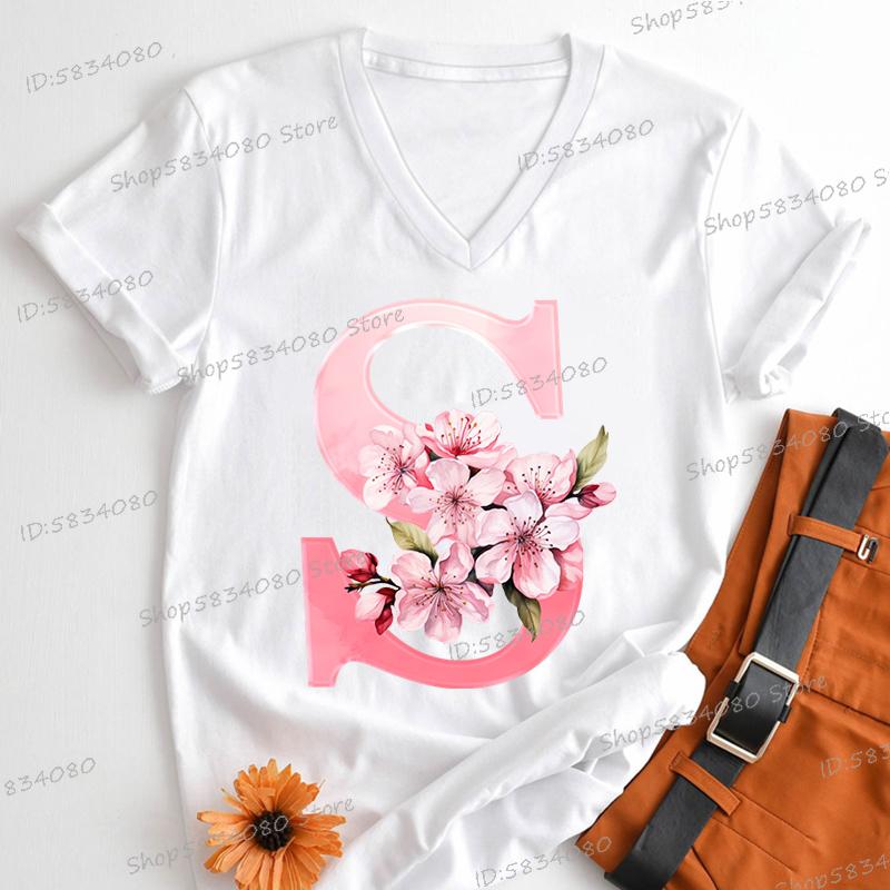 Pink Sakura Alphabet Graphic T Shirts Women AZ 26 Alphabet Pink Flower Cartoon Tshirts Cherry Blossom Letters Casual Tops Tees