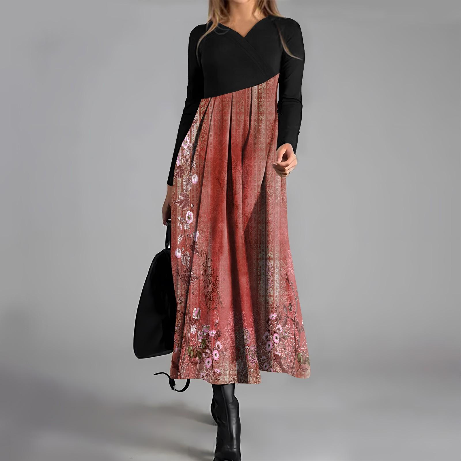 

Женское повседневное платье с V-образным вырезом и длинными рукавами, свободное и объемное платье с принтом XXXL красный