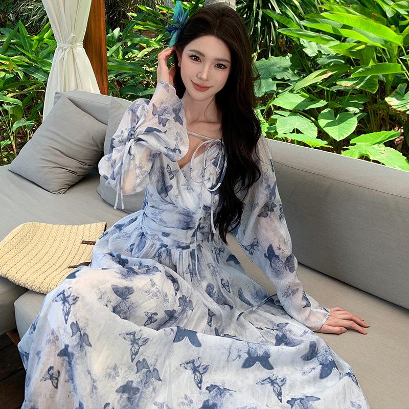 Women's Summer French V-neck Blue Floral Long Sleeve Chiffon Dress