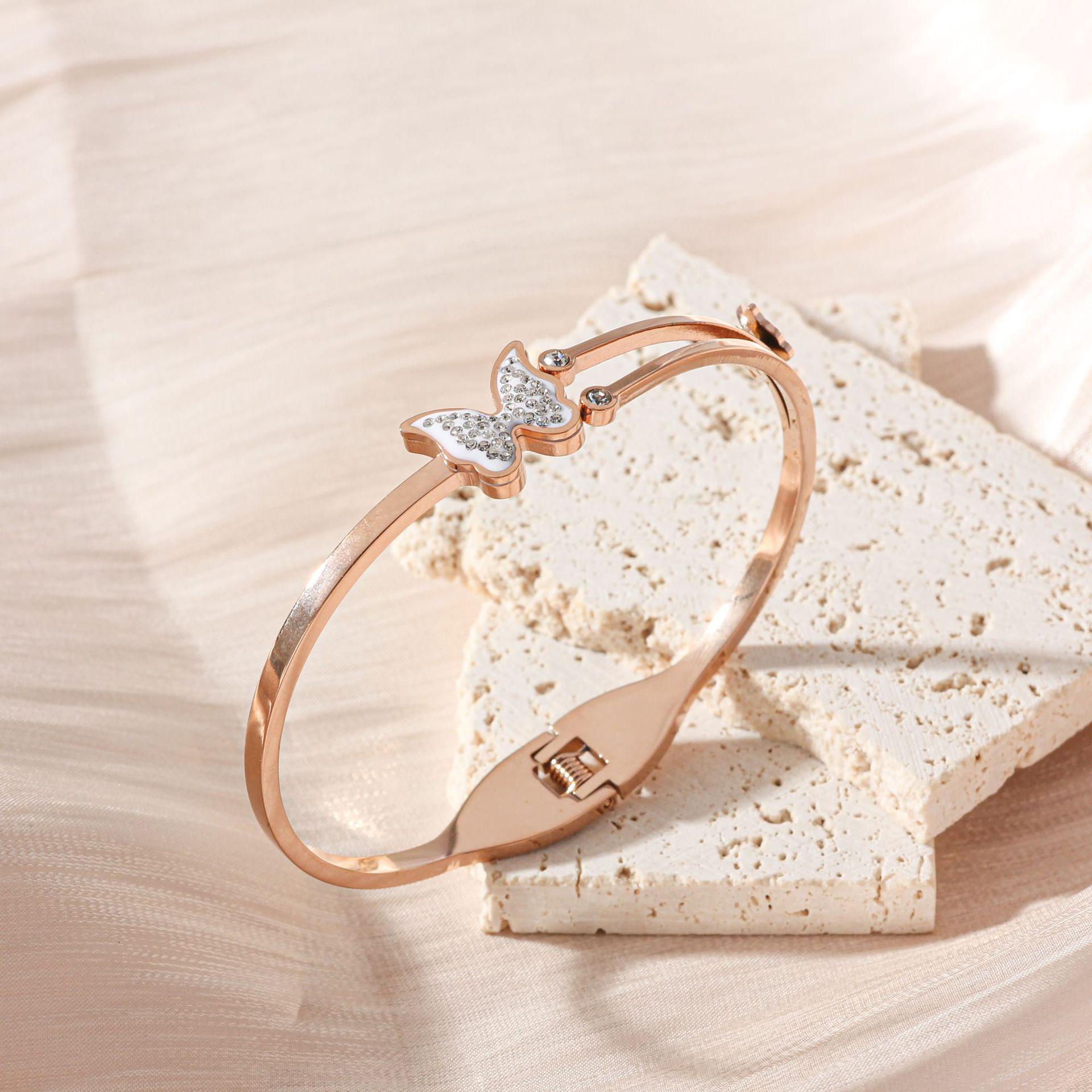 Butterfly Frosted Diamond-Studded Stainless Steel Women s Bracelet, Titanium Steel, Colorfast Jewelry розового золота