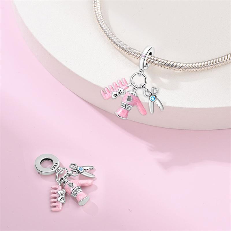 Bellissimo Ciondolo Combinato Asciugacapelli&Pettine&Forbici Rosa Rame Per Braccialetti Fai da Te Gioielli Serie Parrucchiere