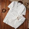 Traje de Verano Holgado Vintage Casual de Algodón Lino Para Hombre Estilo Chino Camiseta Manga Larga Pantalón Corto Conjunto de Dos Piezas