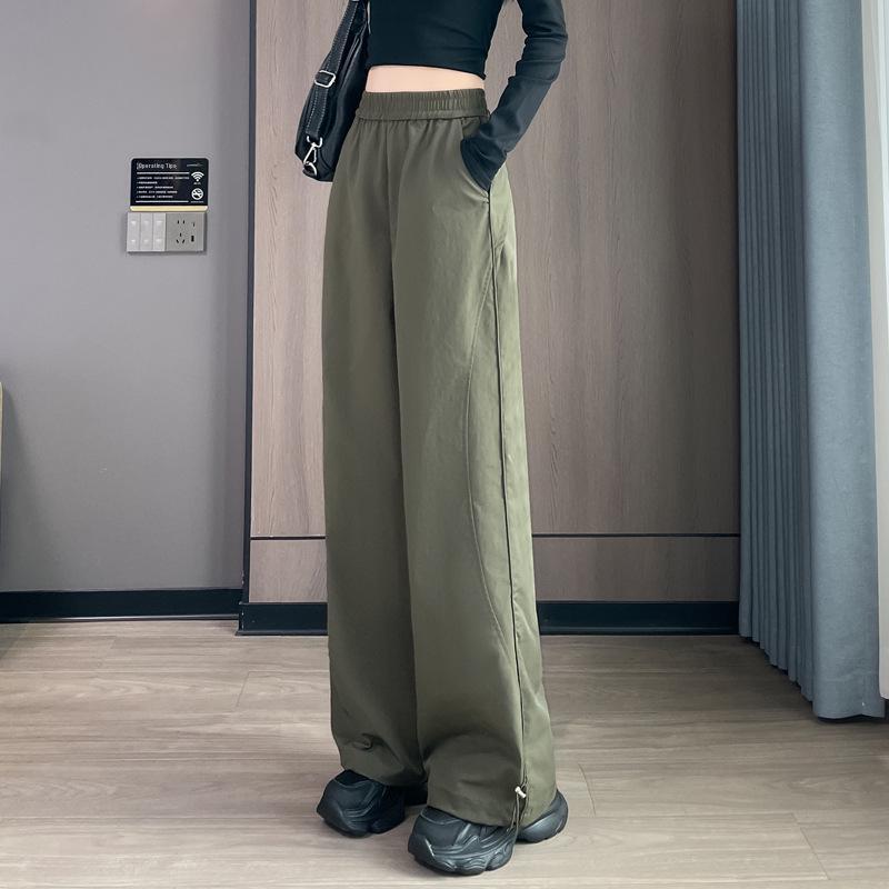 

Military Green Women s Casual Cuffed Wide-Leg Work Pants - Spring/Autumn 2025 Hiking Sports Style S