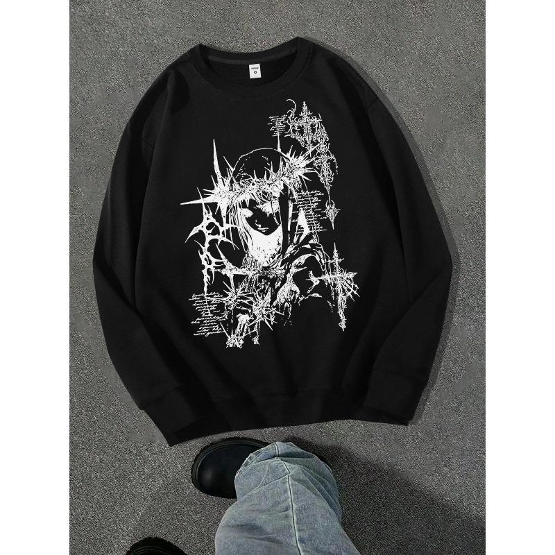 Gothic Punk Style Printed Crewneck Sweatshirt, a Fashionable Streetwear Crewneck Sweatshirt Suitable for Casual Occasions, New Spring Collection