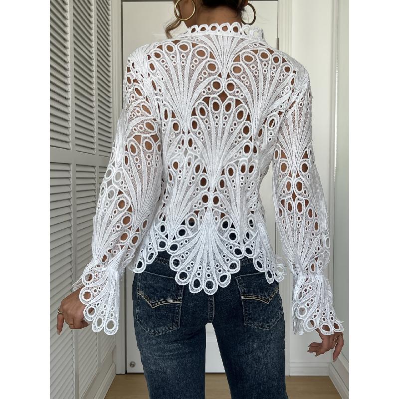 2026 Autumn New Lace Hollow Out Solid Color Top Fashionable Casual Long Sleeve Shirt for Women
