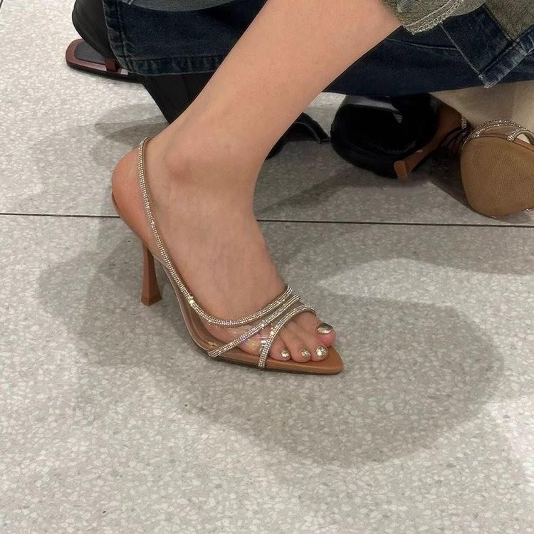 2025 summer women's shoes pointed natural color bright inlaid high heel sandals thin heel rhinestone transparent sandals pu leather