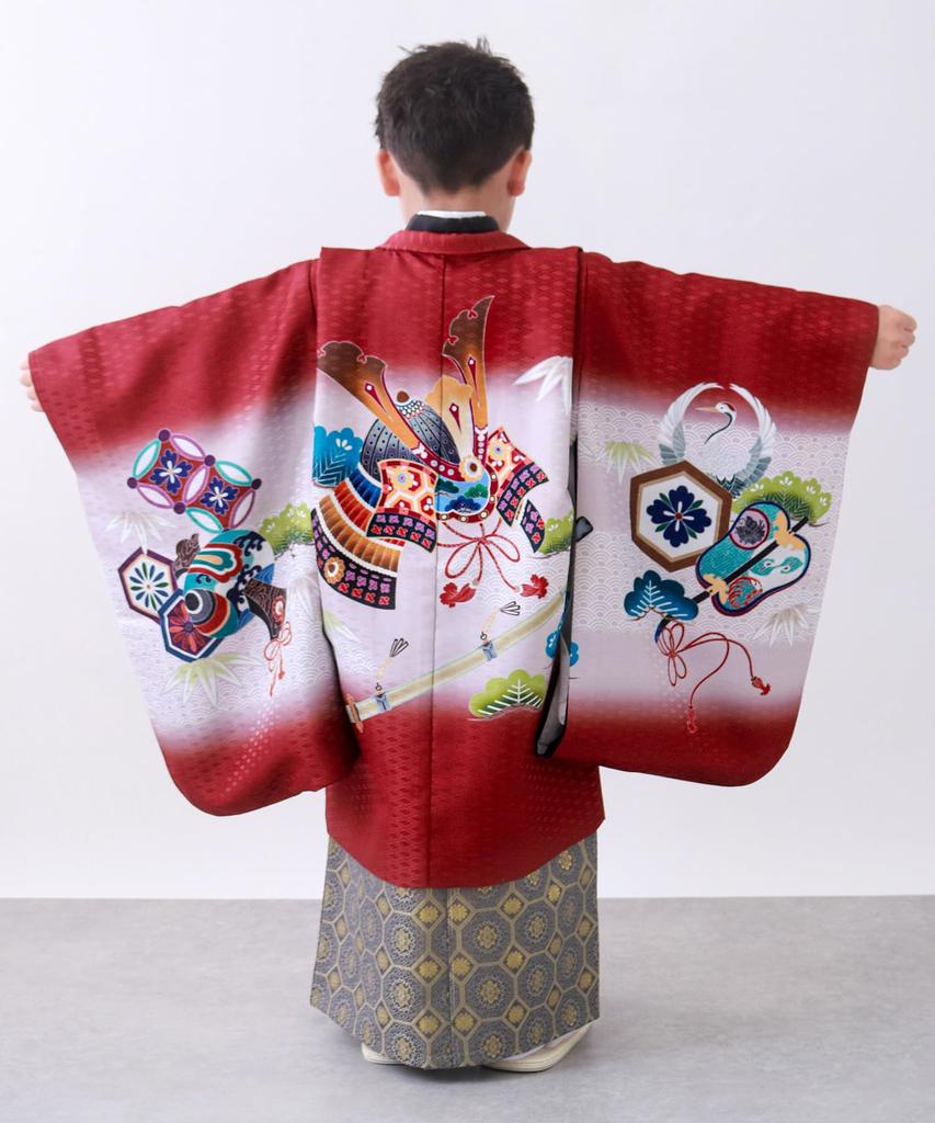 Kimono Haori and Full Hawk Kabuto Matsu B Tachi Kabuto Crimson Indigo Hakama String Length [KYOETSU] 5-Year-Old Boy's Shichi-Go-San Set, Hakama, Set,