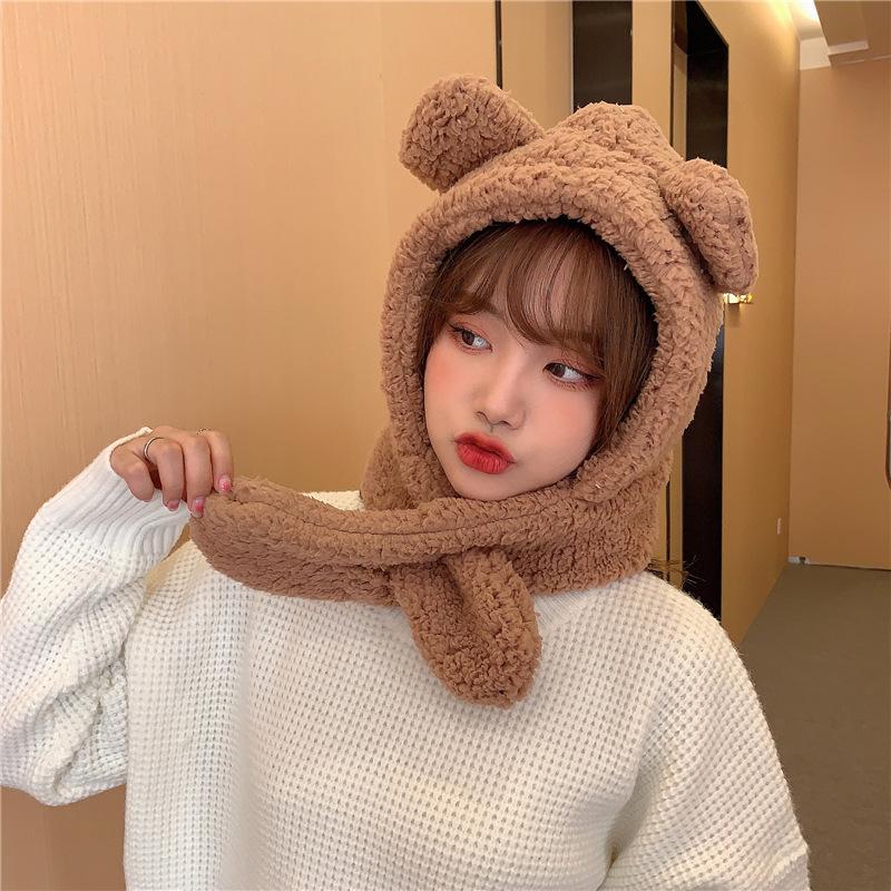 Bear hat women's winter scarf gloves three-piece cotton fleece integrated hooded cute thickened warm ear protector cotton hat
