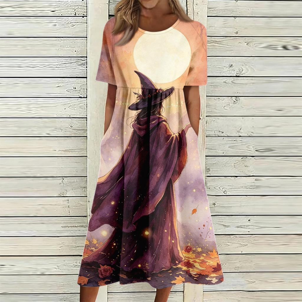 Women's Casual Halloween Print Round Neck Dress with Pockets for Festive Occasions