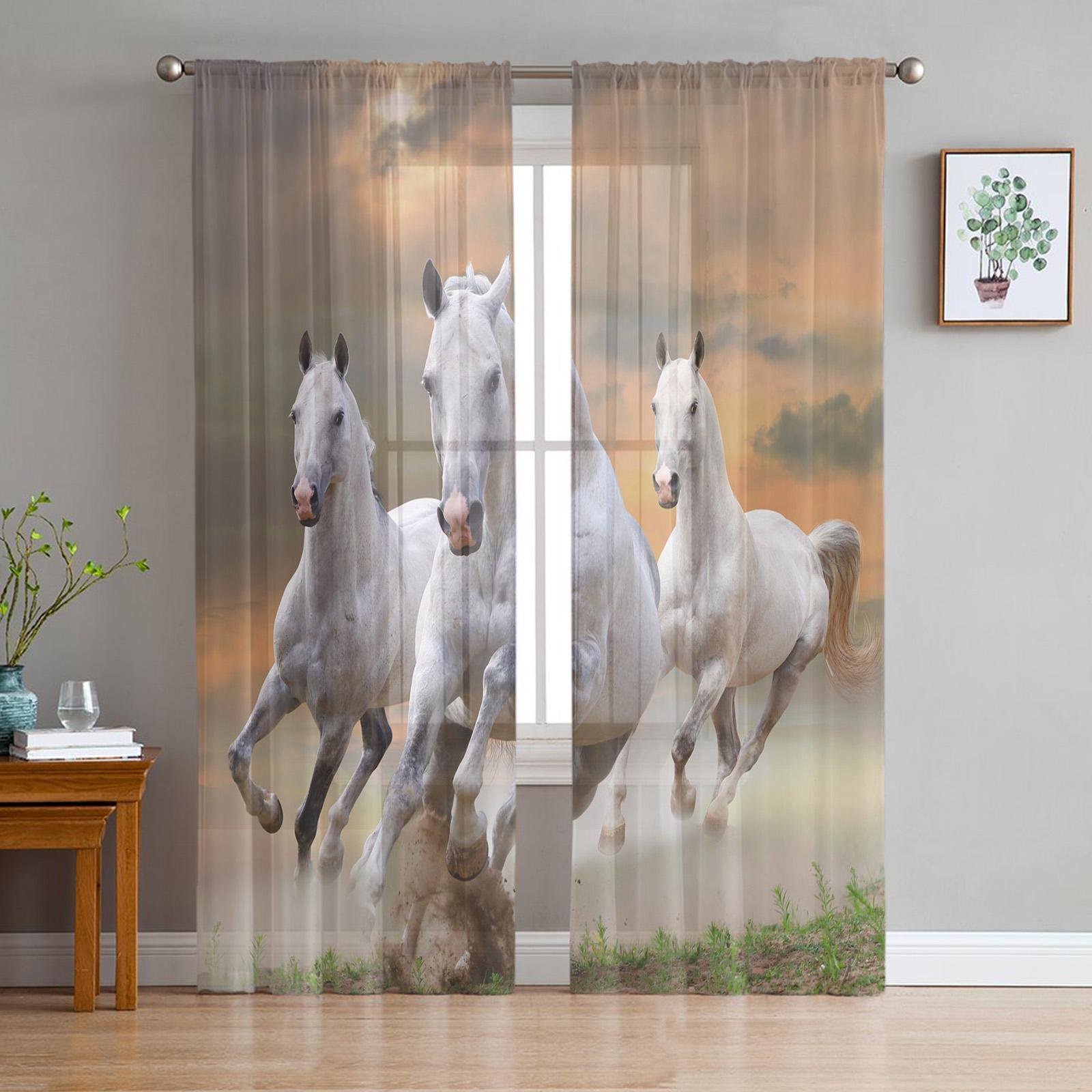 

Тюлевые прозрачные шторы с акварельной живописью в виде лошади для гостиной, оконные занавески для спальни, вуаль, занавески из органзы W135 x H115cm x1&Grommet Top
