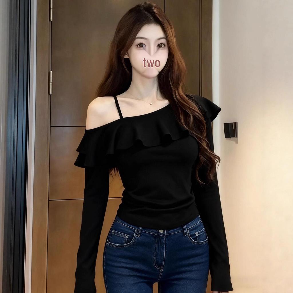 Asymmetrical Ruffled Off-Shoulder Sexy Long-Sleeve Pullover Top