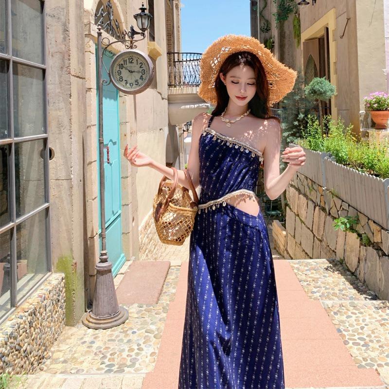 Summer New Hollow Waist and Thin Temperament Slanted Shoulder Vacation Blue Floral Long Dress Women