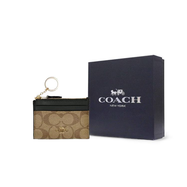 New COACH Mini Id Skinny Coated Canvas With Smooth Leather Document Wallet Card Holders Mini Women's Brown & Dark Green 88208-IMRQE