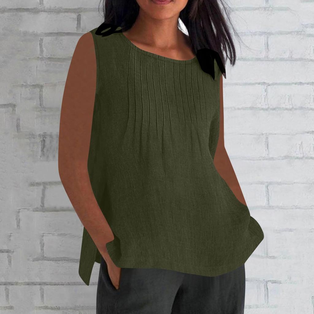 Women's Fashionable And Casual Sleeveless Vest Solid-color Cotton And Linen Pleated Sleeveless Top T-shirt