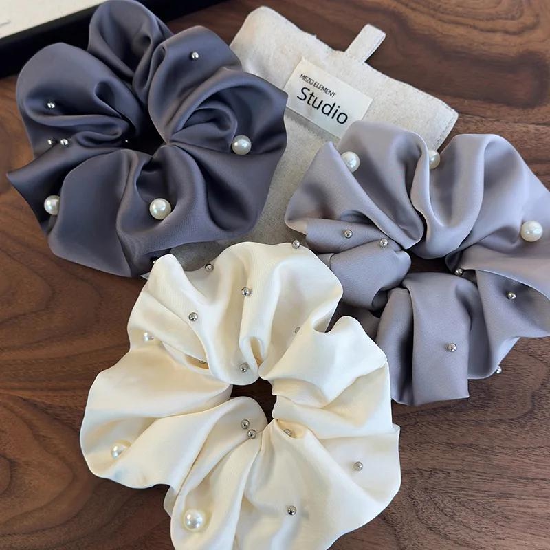 Retro Pearl Satin Hair Scrunchies Headband Women Temperament Hair Rope Rubber Band Spring/summer Fashion Female Hair Accessories