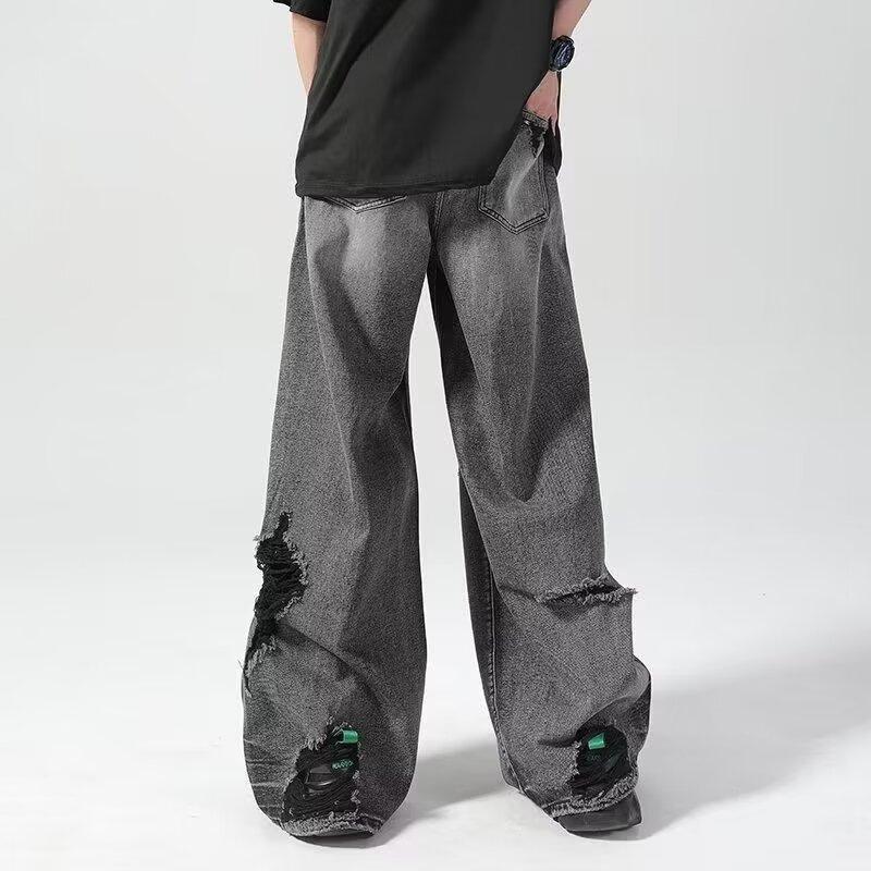 New vibe ripped wide-leg jeans for men 2026, washed and distressed straight-leg floor-length pants
