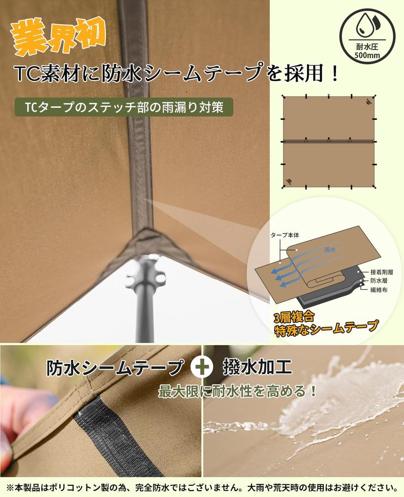 GOGlamping Square Tarp TC Square Tarp Polycotton Bonfire Safe Loops and Special Waterproof Tape 500mm Water Pressure Resistant Water Repellent Light