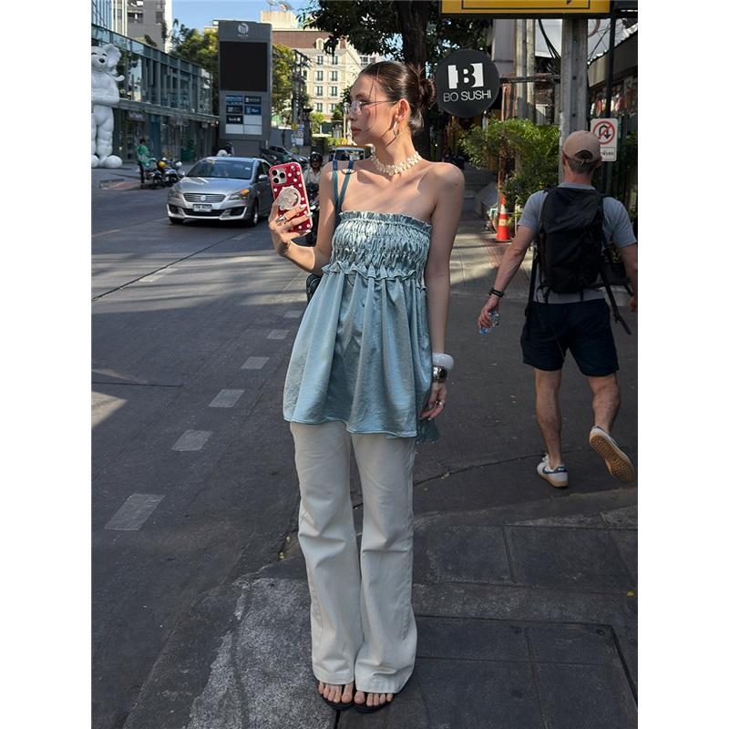 

Pleated Lace Shiny Strapless Midi Skirt One Size baby голубой