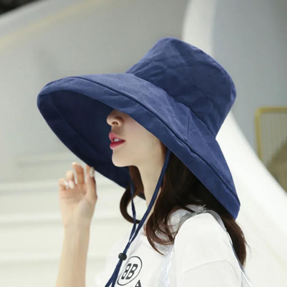 1Pc Summer Big Brim Sun Hat For Female Seaside Sun Protection UV Beach Cap Japanese Wild Fisherman Hat with Windproof Rope Gifts