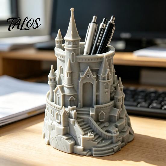 Portapenne ad Angoli Arrotondati Forma di Castello Organizer da Scrivania Stampato in 3D per Penne, Matite, Pennelli da Trucco, Portamatite Decorativo