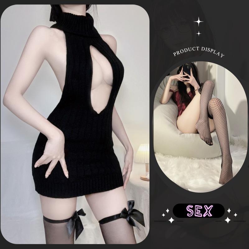 Sexy Lingerie Spring Pure Desire Backless Turtleneck Sleeveless Chest Leakage Knitted Sweater Uniform Temptation