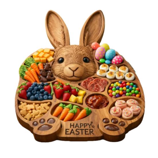 Deli Tray Rustic Rabbit Shape Serving Board with Multiple Compartments Natural Wood Smooth Surface Meat Fruit Nuts Snacks Organizer