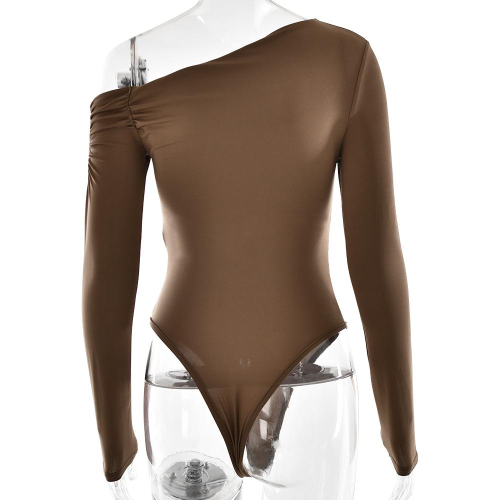 Fashion New Pleated Long Sleeve Slim Fit Sexy Rompers Women Jumpsuits Solid Elegant Base Bodysuits for Women Casual Skew Collar Ladies Jumpsuit 26162