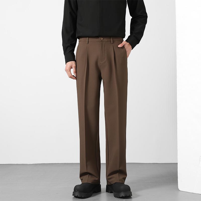 Men's Loose Suit Pants Classic Straight Solid Color Drape Elastic Business Office Worker Casual Trousers Brown Khaki Gray