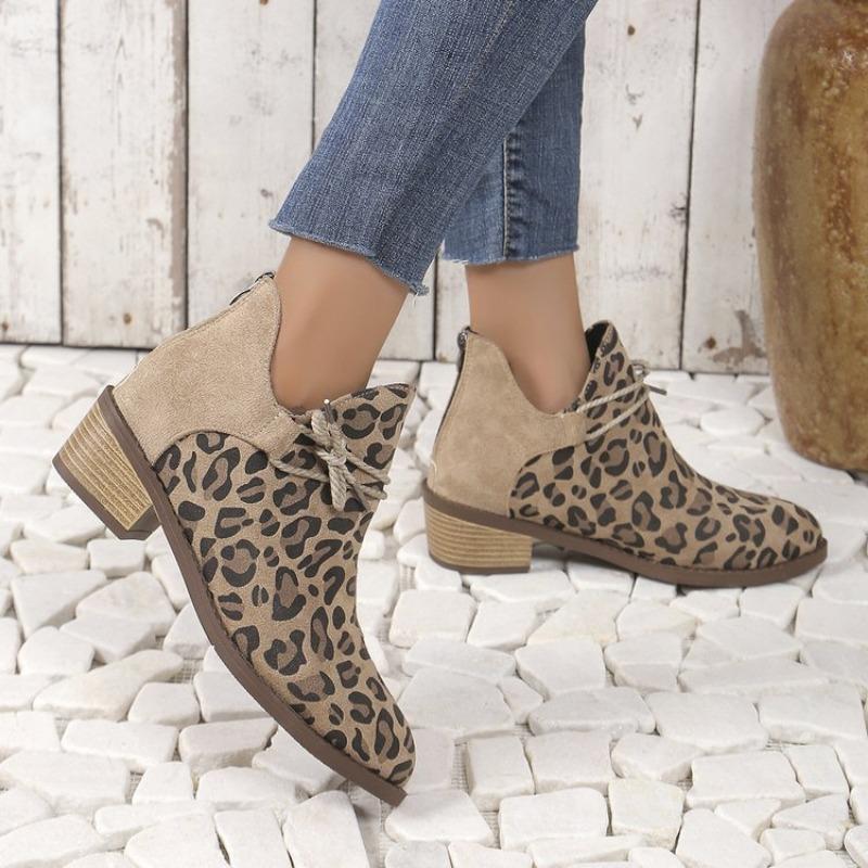 

Large size leopard print low heel pointed short boots women s autumn and winter new one-pedal Martin boots 43