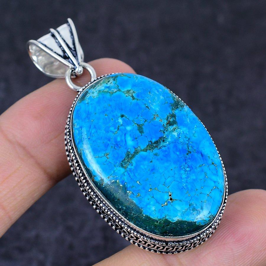 Tibetan Turquoise Gemstone 925 Sterling Silver Jewelry Pendant 2.25"