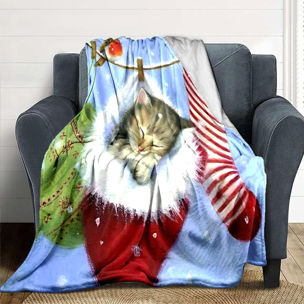 Christmas Cat Blanket Soft Throw Blanket For Home Bedroom Bed Sofa Travel Office Solid Christmas Blanket
