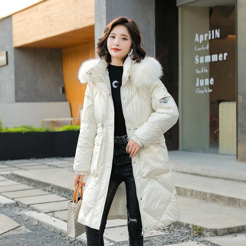 Abrigo Cálido Grueso Invierno Chaqueta Acolchada de Plumón Brillante para Mujer Parkas de Largo Medio Estilo Coreano Chaqueta de Algodón Parkas