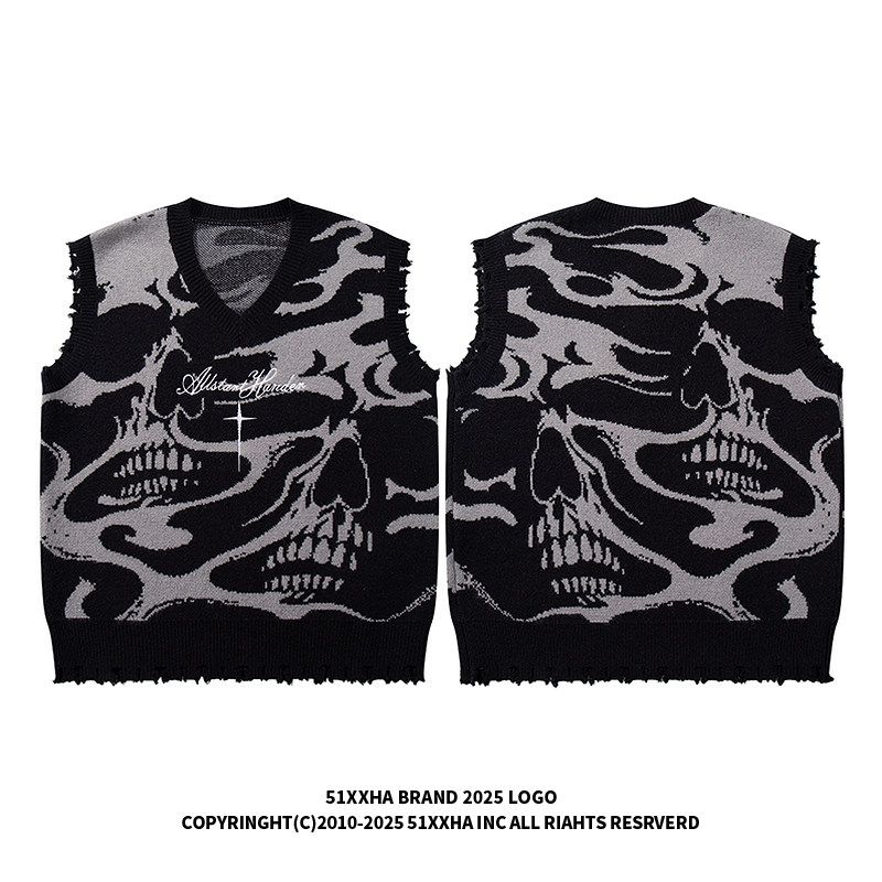 51 Hip-Hop American Street Style Skull Cool Loose Knit Sweater Unisex Trendy Brand Letter Embroidery V-Neck Sweater Vest