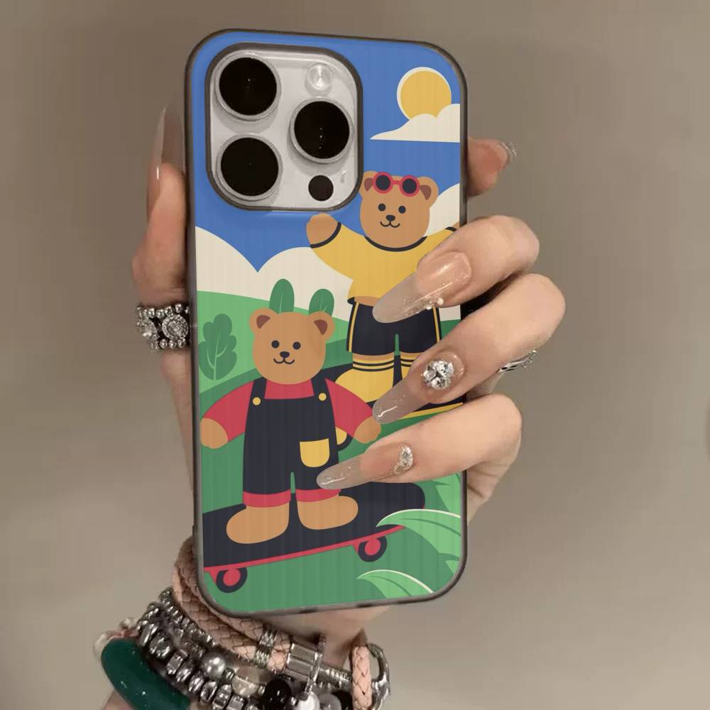 Cartoon Cute bear Phone Case For iPhone 16 15 17 Pro Air 11 12 13 14 Pro Max Plus Soft Ripple Silicone Cover Shell