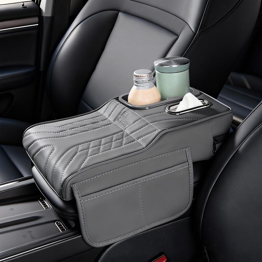 Portable Center Console Armrest Cushion PU Leather Multifunctional Car Armrest Pillow with Cup Holder Tissue Box
