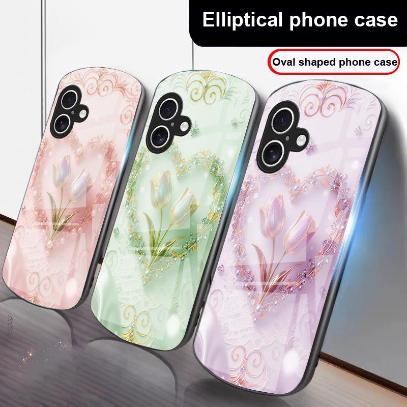 Love's Pink Purple Tulip For iPhone 17 16 15 14 13 Plus 12 Mini 11 Pro Max XR Xs Max X 7 8 6S 22 20 Elliptical Glass Phone Case