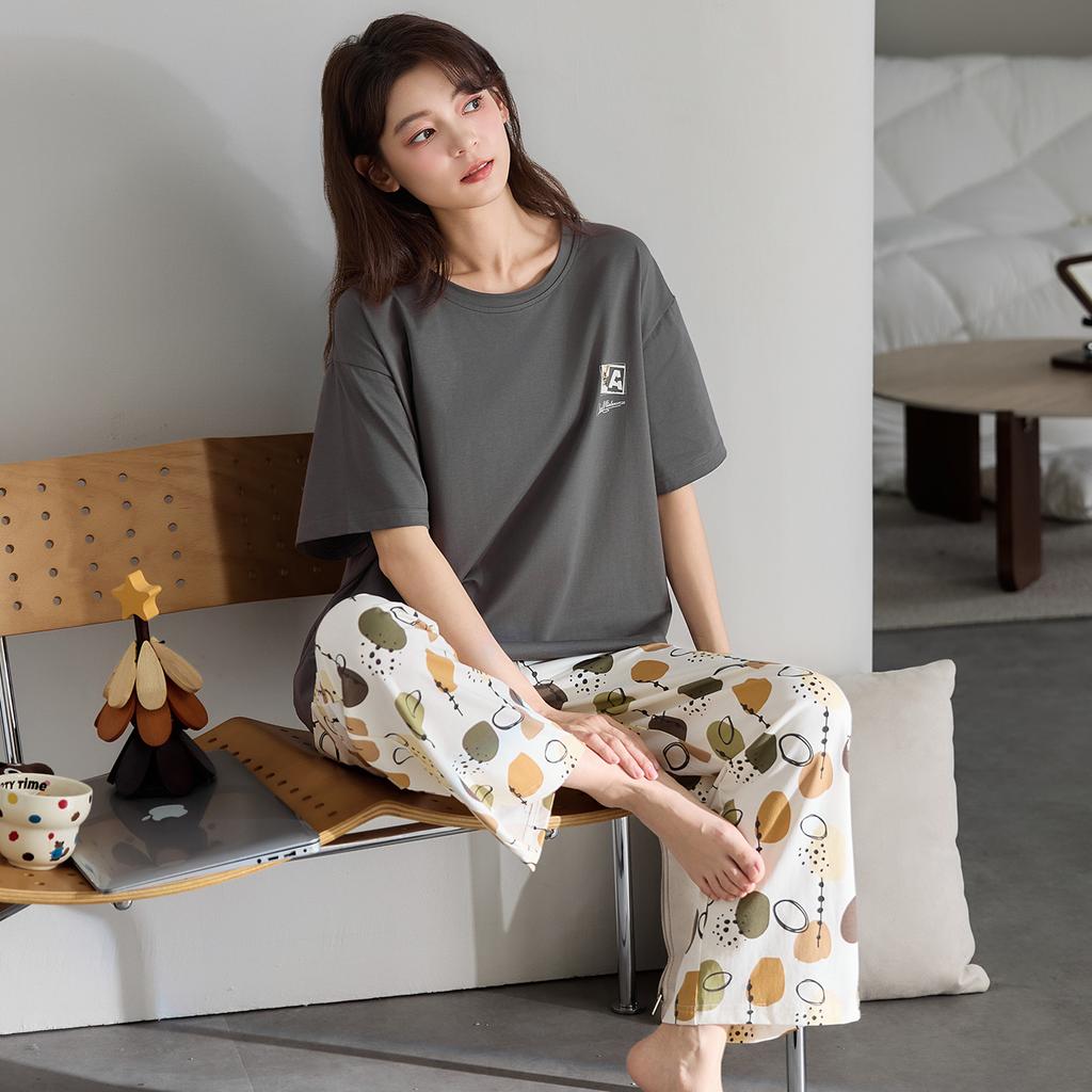 Pure Cotton Pajamas Women's Spring and Autumn 1011 New High-end Short-sleeved Trousers Loungewear Set Can Be Worn Outside