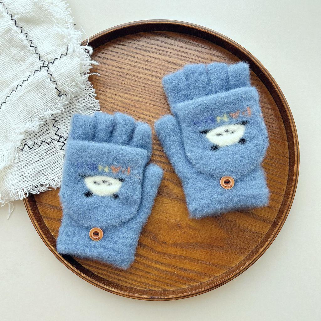 7-12 year old children's gloves 25 winter warm and cold proof men and women velvet flip half finger knitted baby cute cartoon