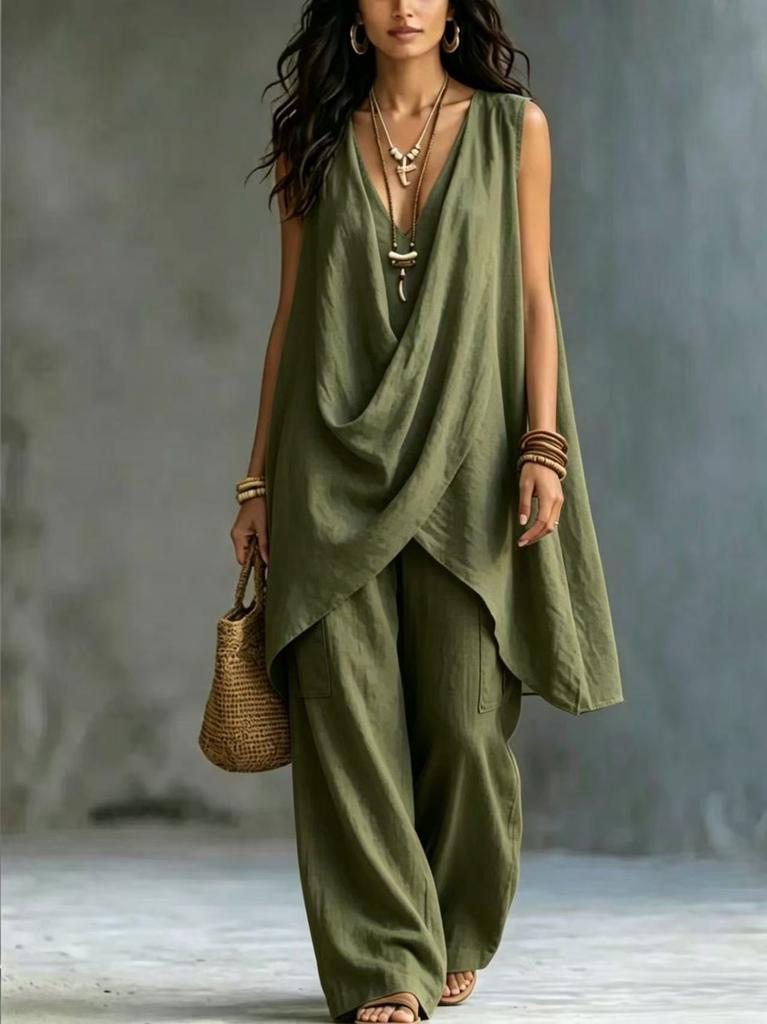 2026 spring and summer cross-border new Amazon women's sleeveless stand-up collar solid color temperament loose cotton and linen fashion style suit