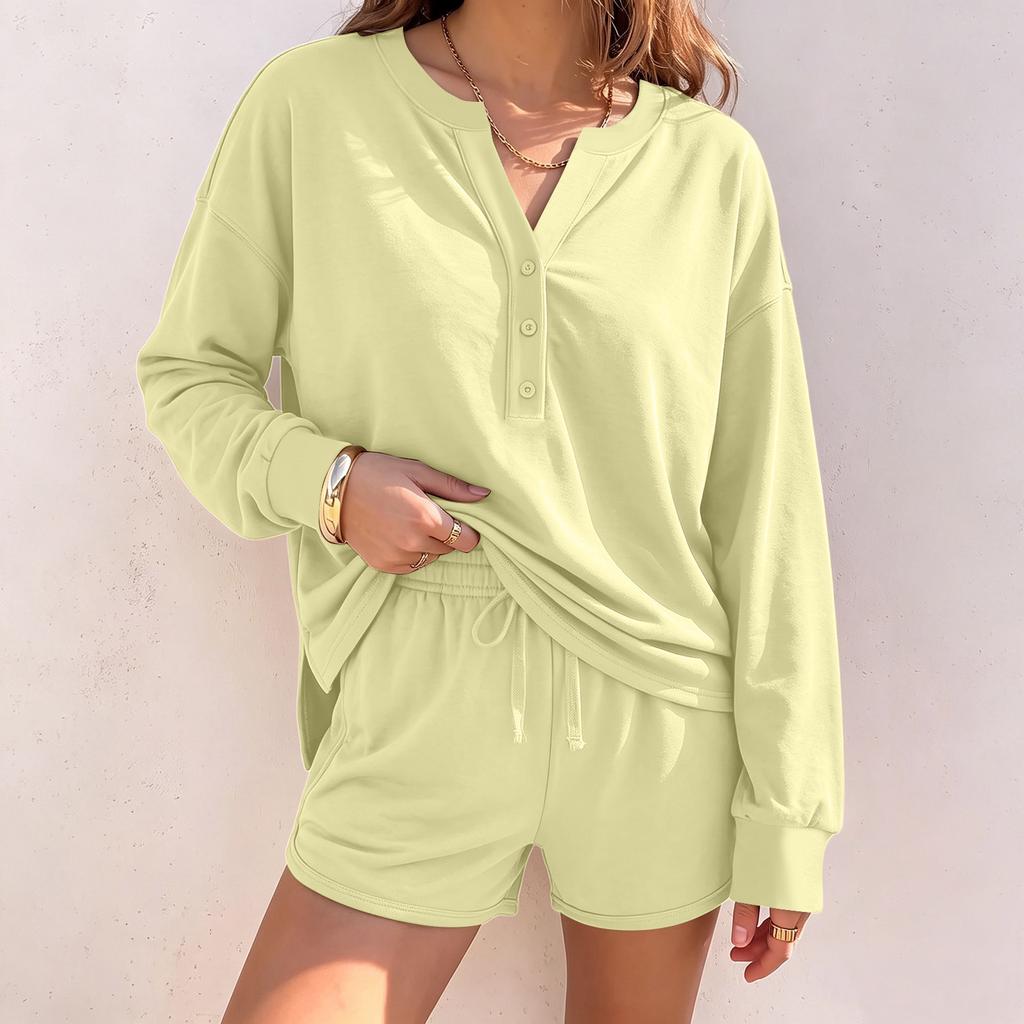 Women's Casual Long Sleeve Top and Shorts 2 Piece Set for Fall Winter