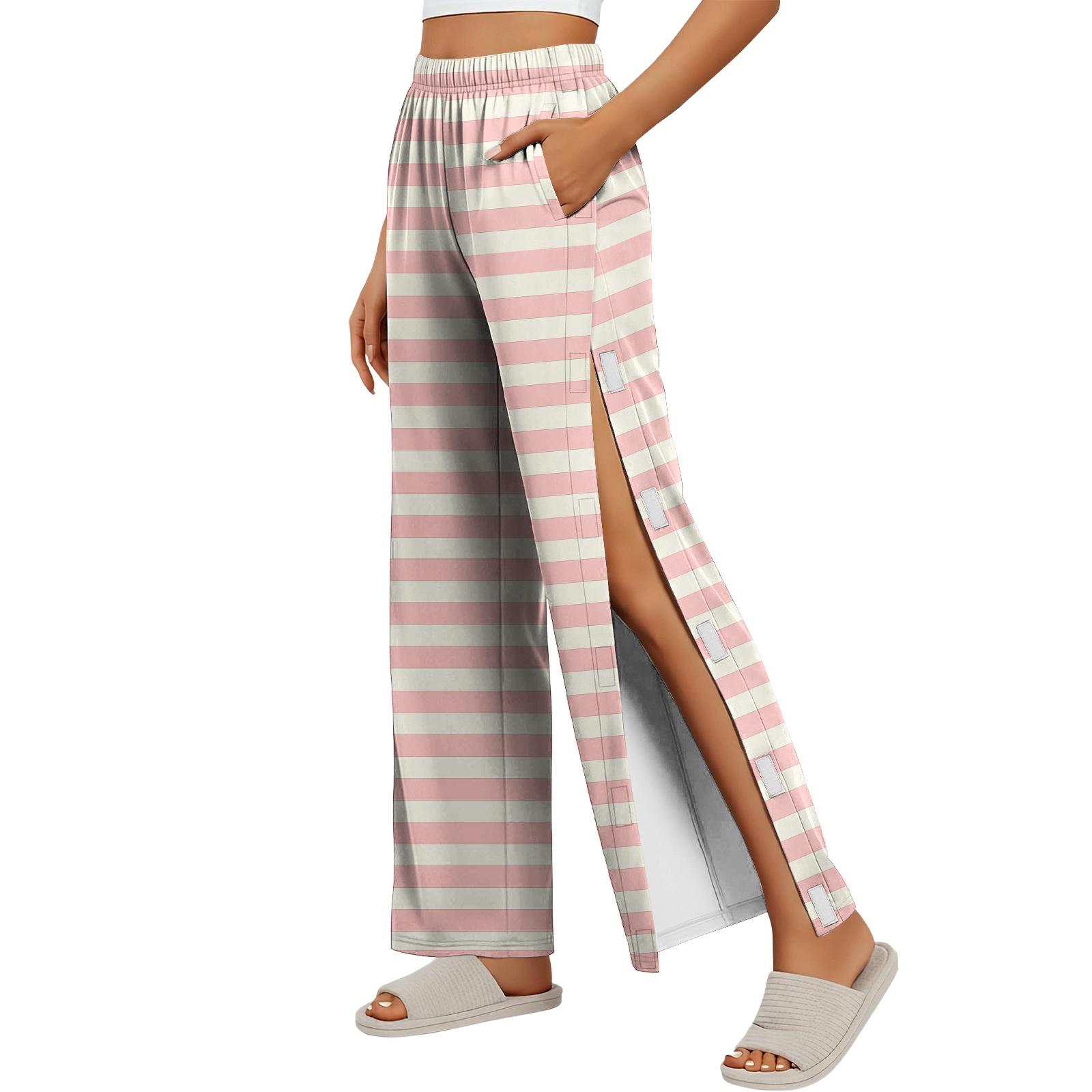 

Women Post Surgery Recovery Pants with Side Stripes Adjustable Hook and Loop Closure Elastic Waistband Comfortable Fit Medical Rehabilitation Trousers S рожевий