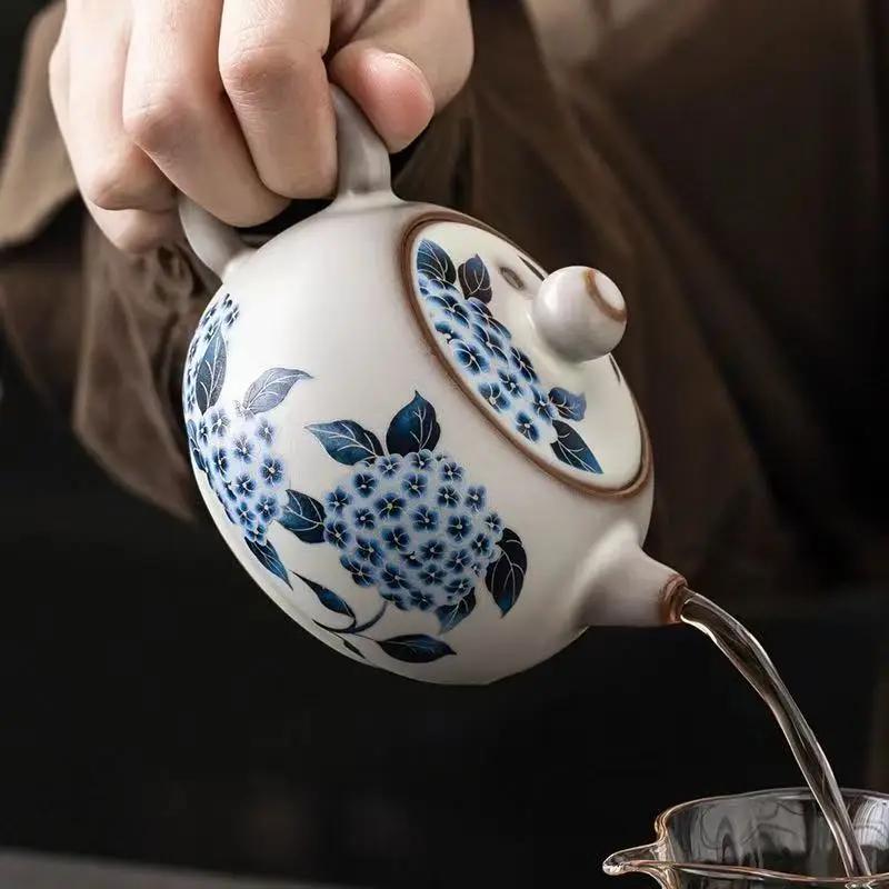 Ru Kiln Chinese Retro Teapot Teacup Lard Frozen Ru Qing Hydrangea Xishi Pot 1 Pot 2 Cups Ceramic Bubble Teapot Office Decoration