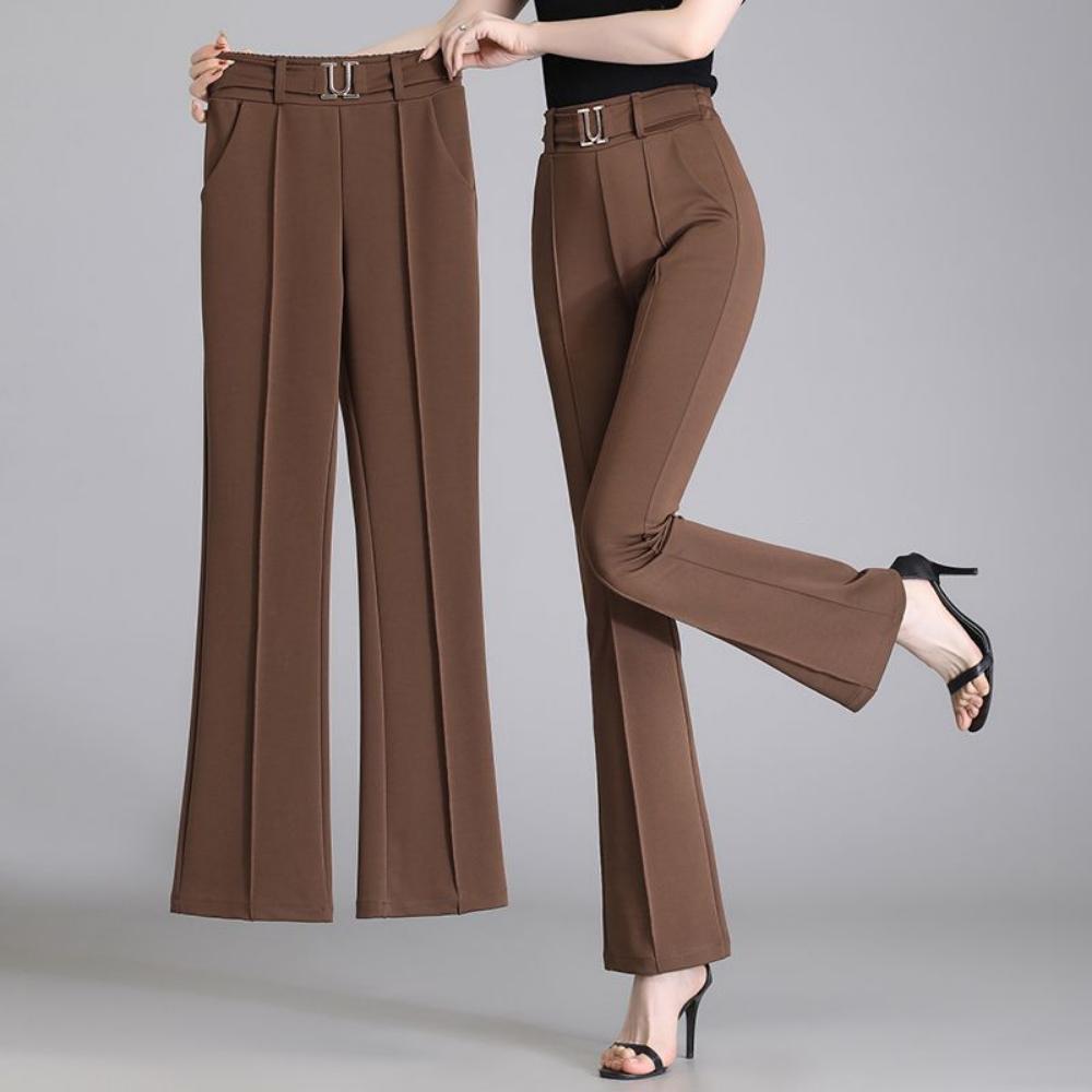 

Summer Fashion Elegant Solid Color Commute High Waist Pants Office Lady Casual Elastic Spliced Flare Trousers Women s Clothing S чорний