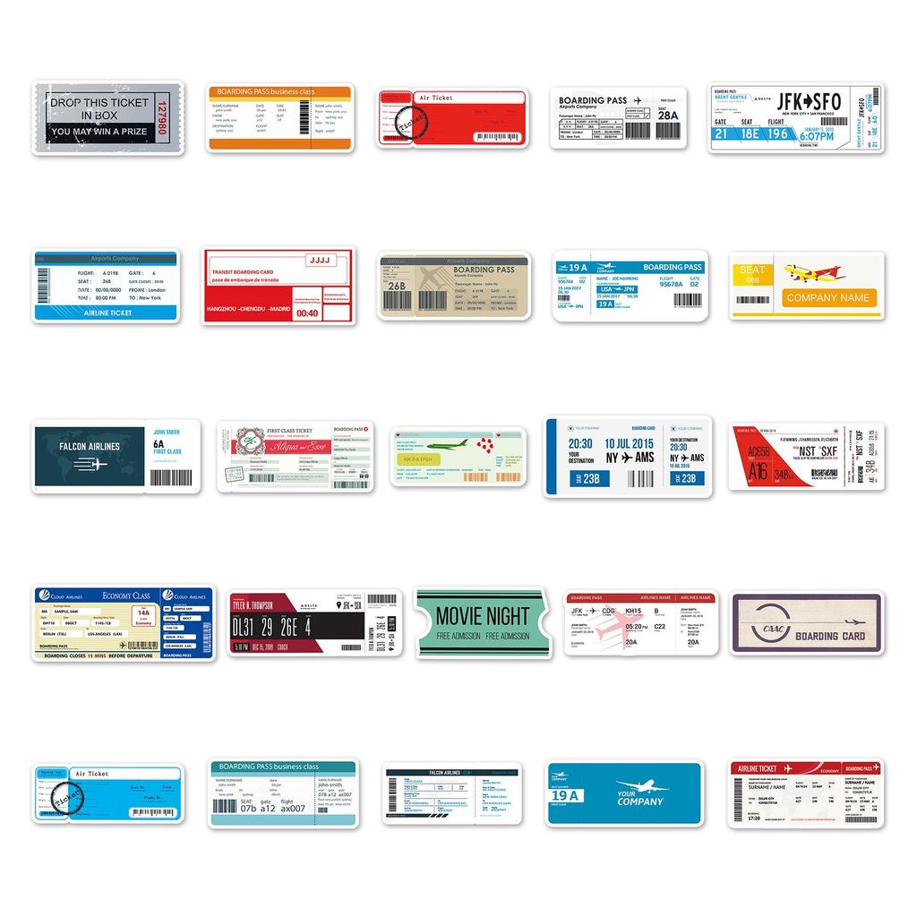 52-Piece Waterproof Cartoon Boarding Pass & Airplane Ticket Stickers Set